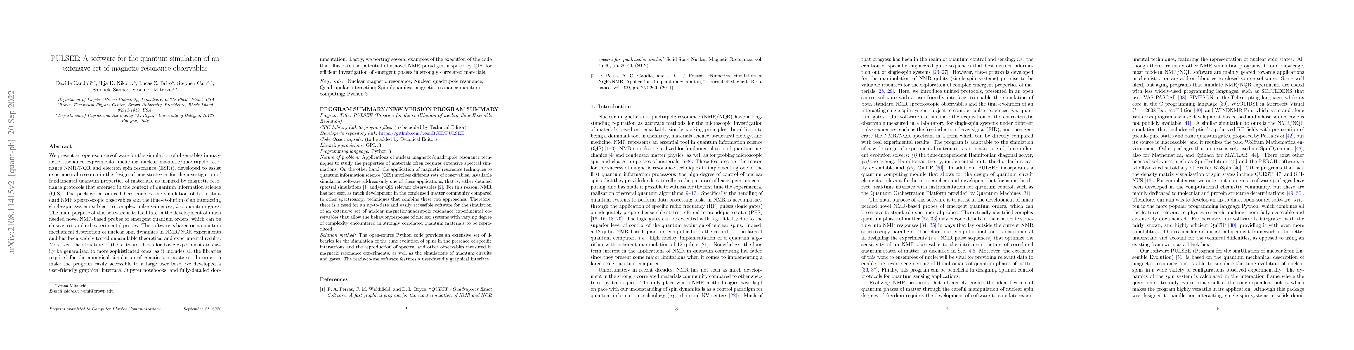 Thumbnail for PULSEE: A software for the quantum simulation of an extensive set of
  magnetic resonance observables