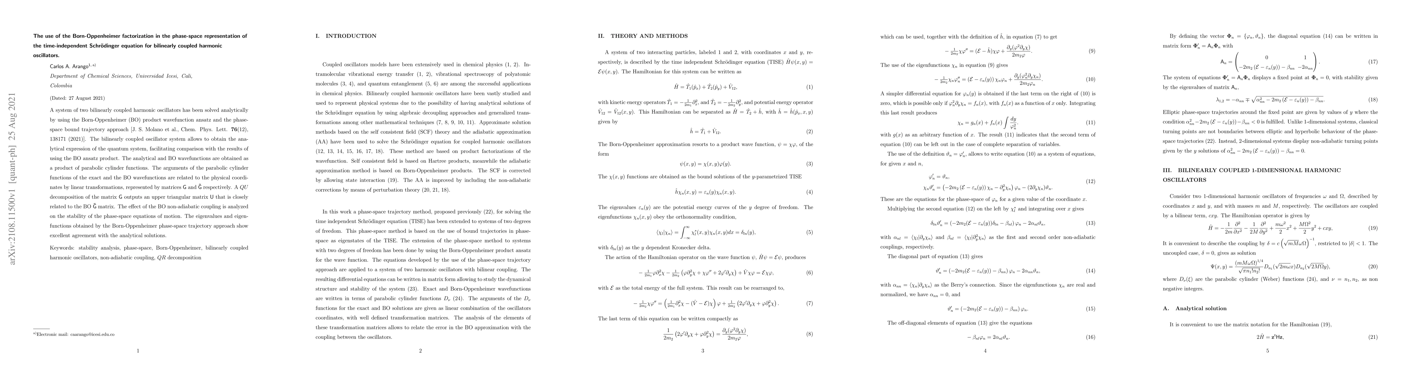 Thumbnail for The use of the Born-Oppenheimer factorization in the phase-space
  representation of the time-independent Schr\"odinger equation for bilinearly
  coupled harmonic oscillators