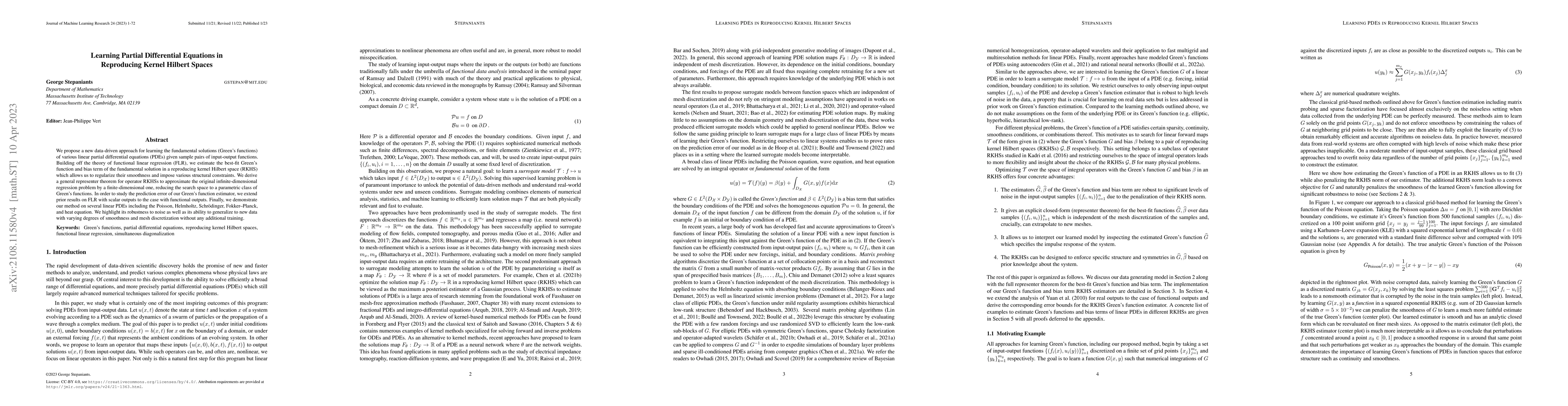 Thumbnail for Learning Partial Differential Equations in Reproducing Kernel Hilbert
  Spaces