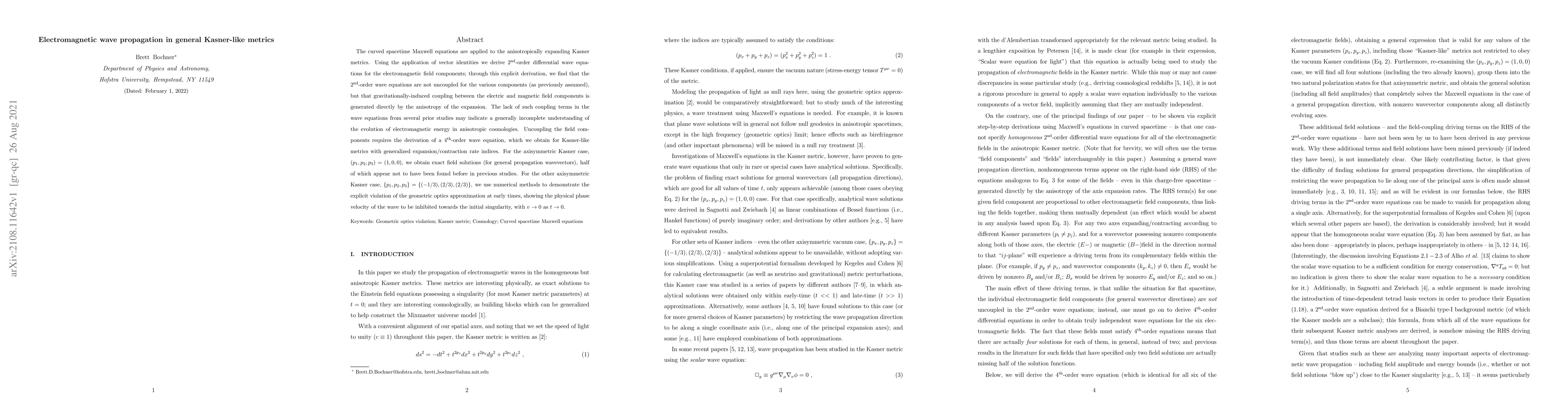 Thumbnail for Electromagnetic wave propagation in general Kasner-like metrics
