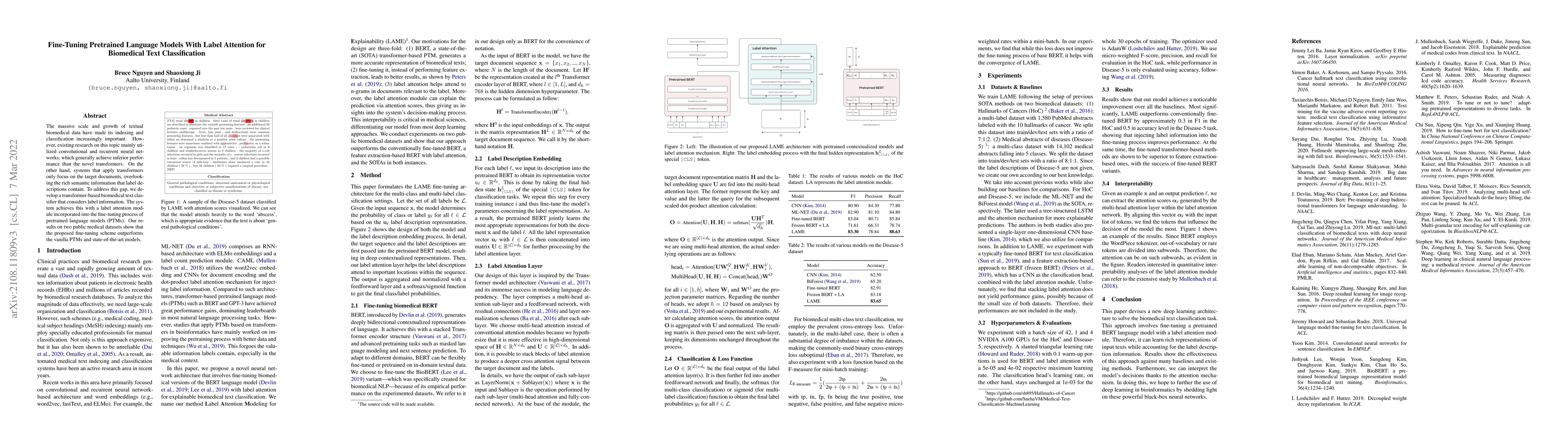 Thumbnail for Fine-Tuning Pretrained Language Models With Label Attention for
  Biomedical Text Classification
