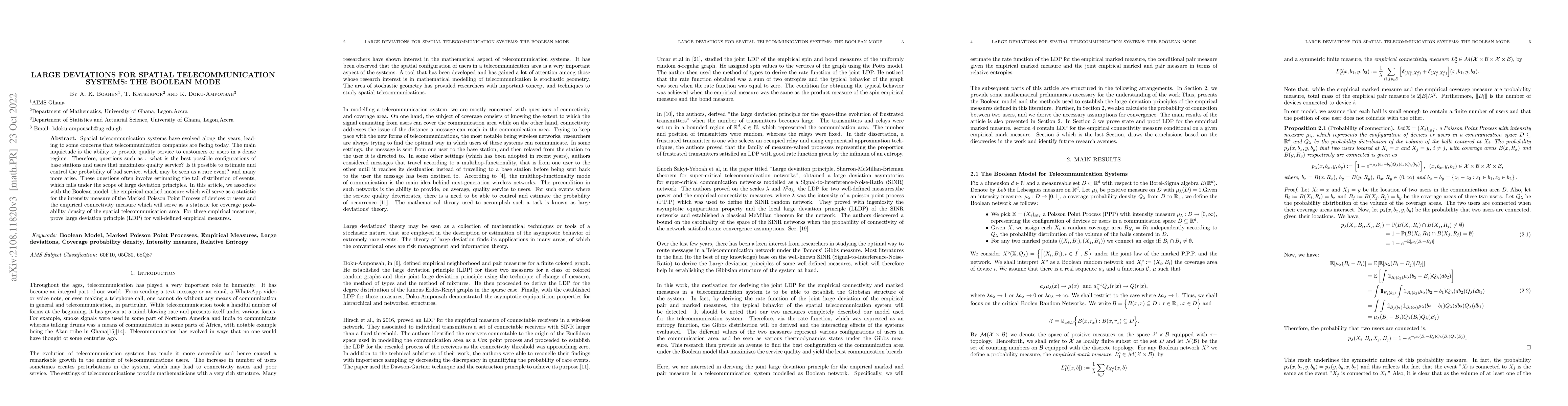 Thumbnail for Large Large deviations for spatial telecommunication systems: The
  boolean model