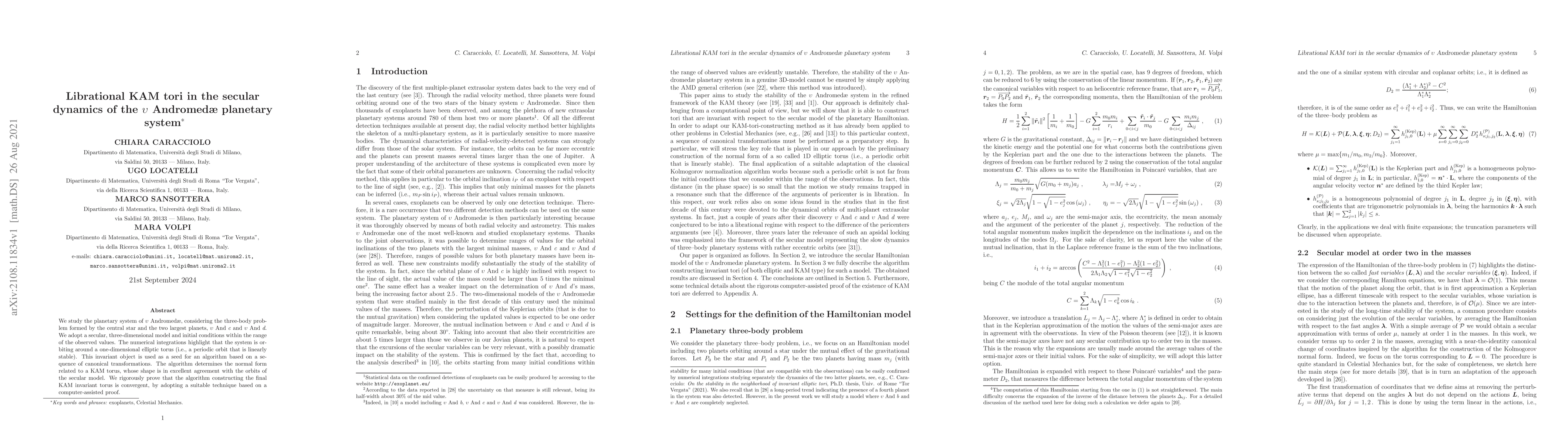 Thumbnail for Librational KAM tori in the secular dynamics of the $\upsilon$
  Andromed{\ae} planetary system