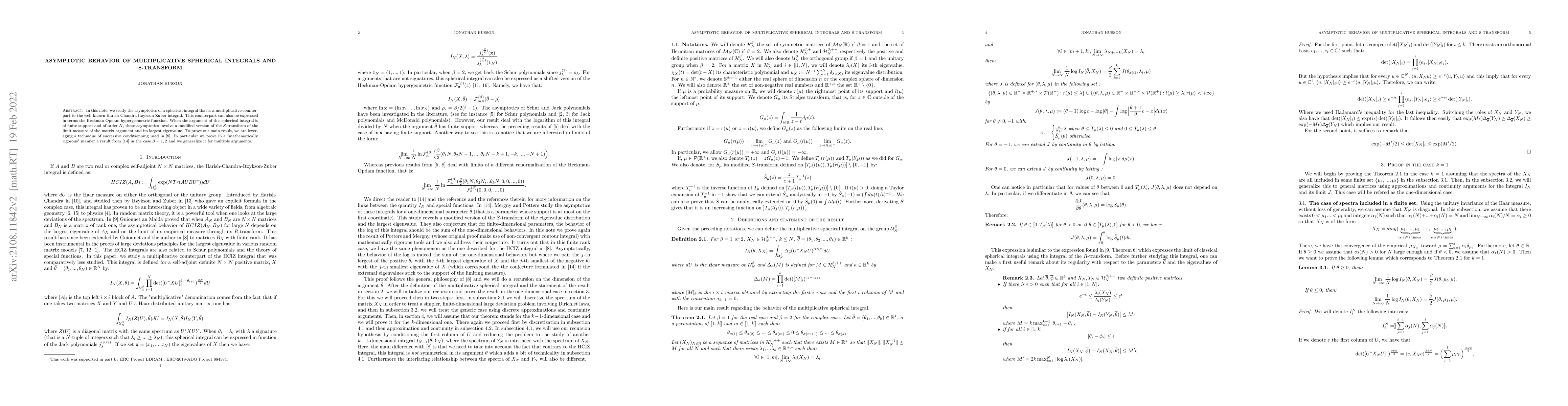 Thumbnail for Asymptotic Behavior of Multiplicative Spherical Integrals and
  S-transform