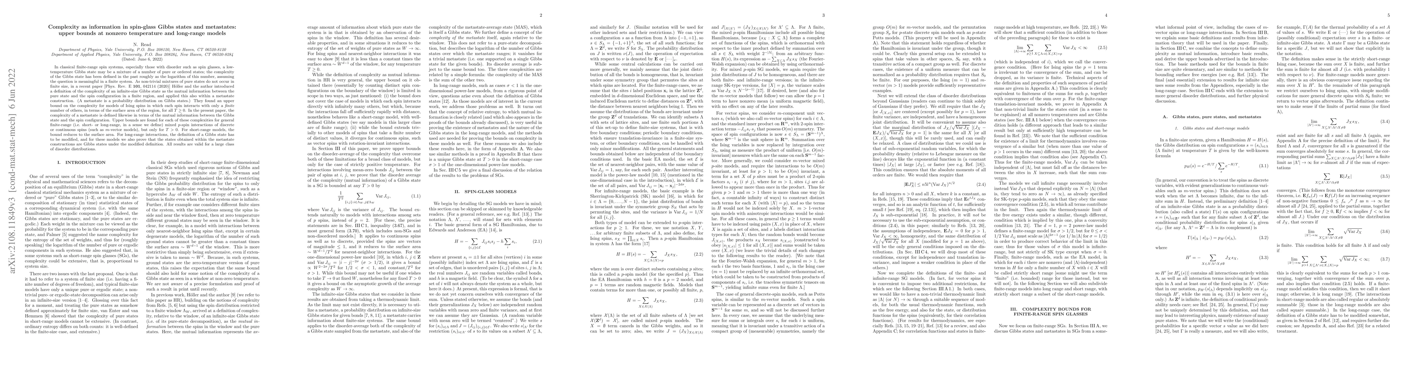 Thumbnail for Complexity as information in spin-glass Gibbs states and metastates:
  upper bounds at nonzero temperature and long-range models