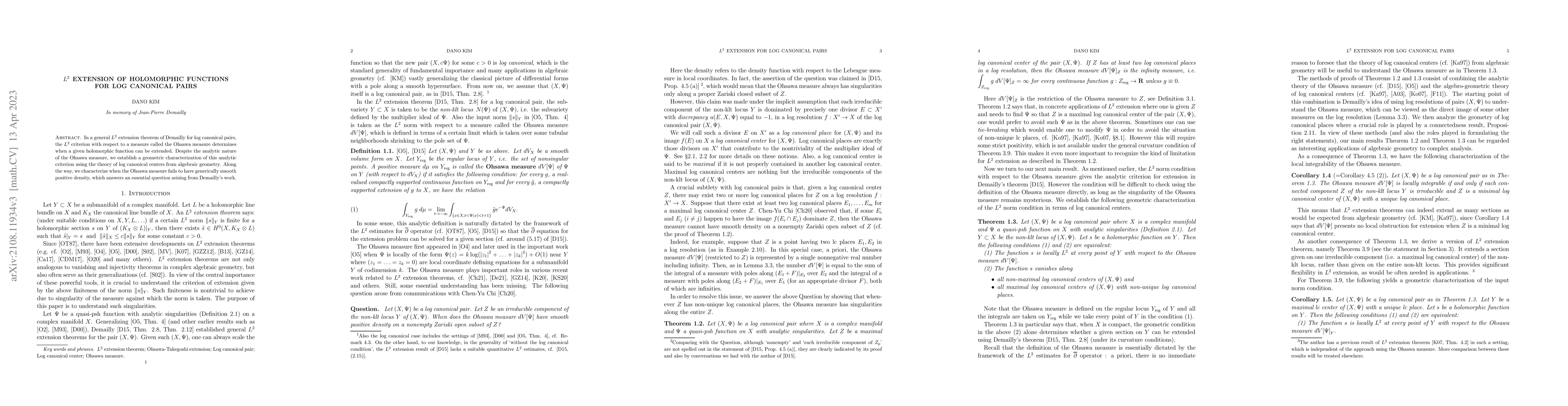 Thumbnail for $L^2$ extension of holomorphic functions for log canonical pairs