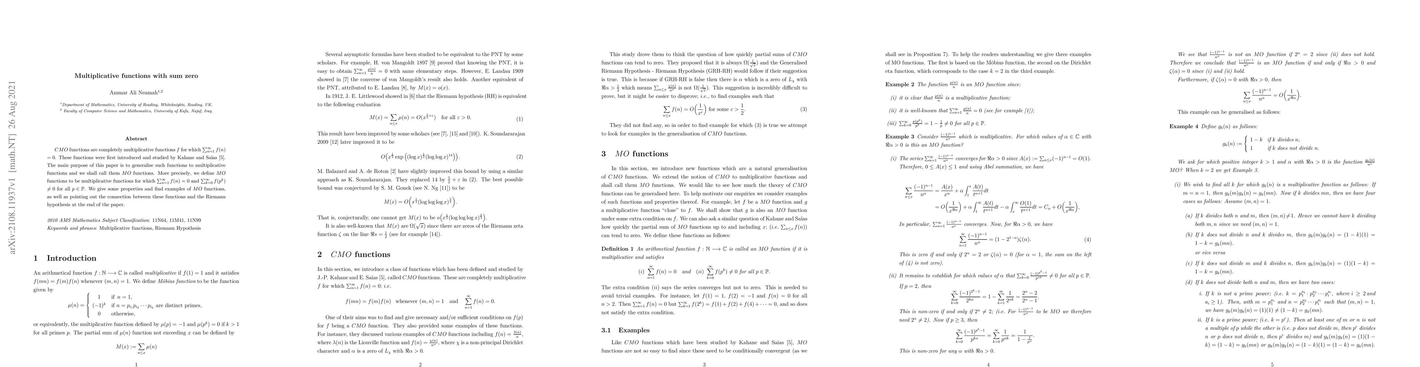 Thumbnail for Multiplicative functions with sum zero