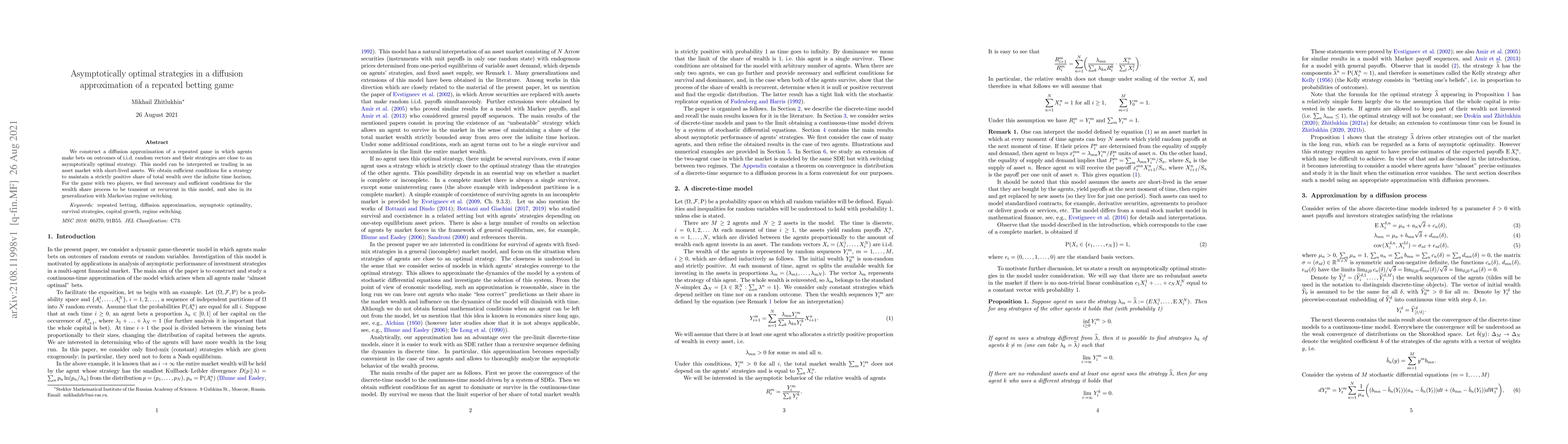 Thumbnail for Asymptotically optimal strategies in a diffusion approximation of a
  repeated betting game
