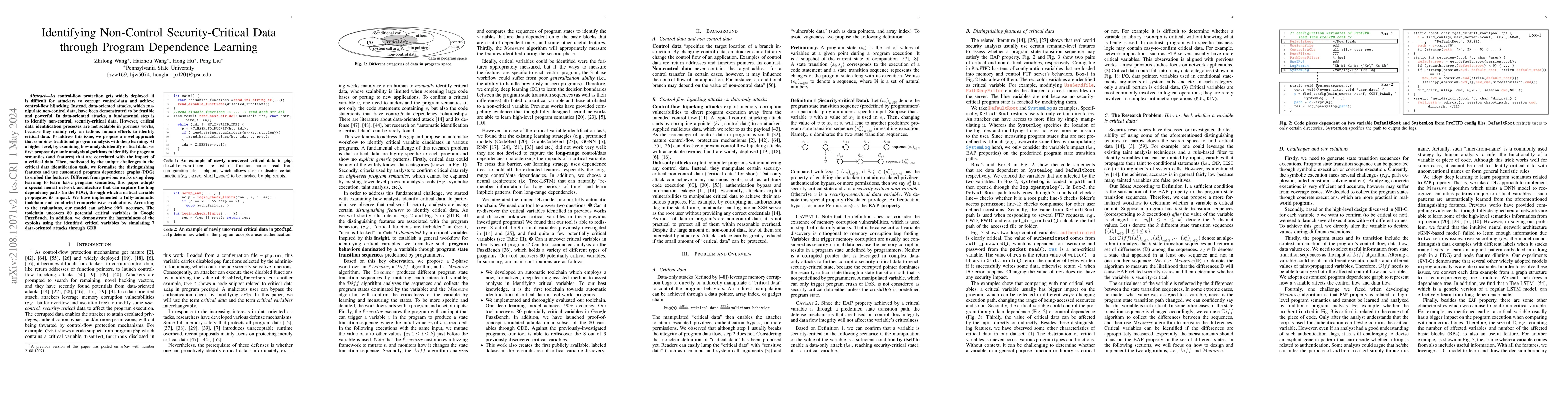 Thumbnail for Identifying Non-Control Security-Critical Data through Program
  Dependence Learning