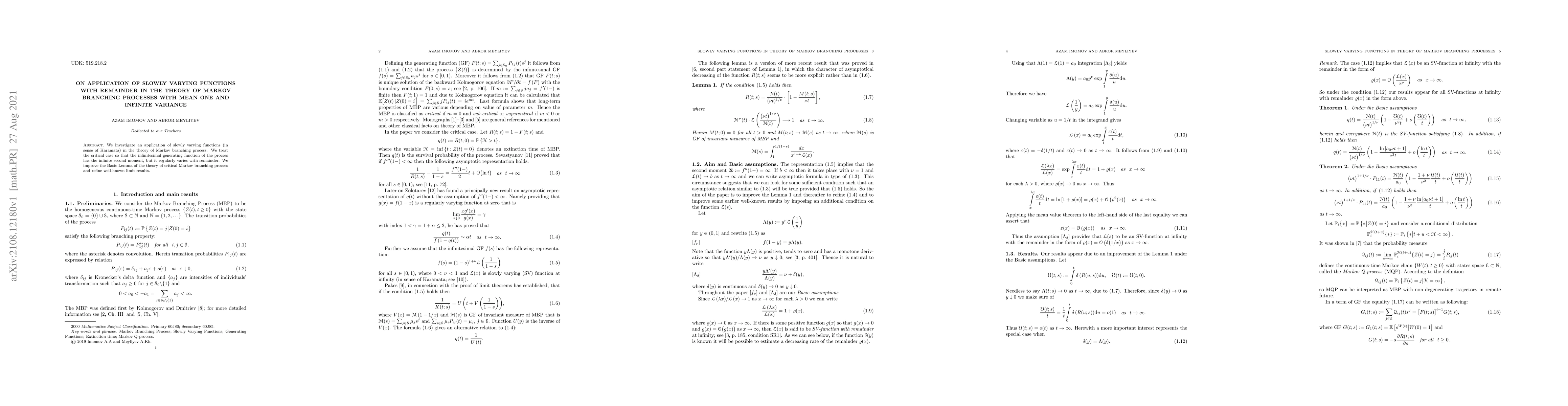 Thumbnail for On application of slowly varying functions with remainder in the theory
  of Markov branching processes with mean one and infinite variance