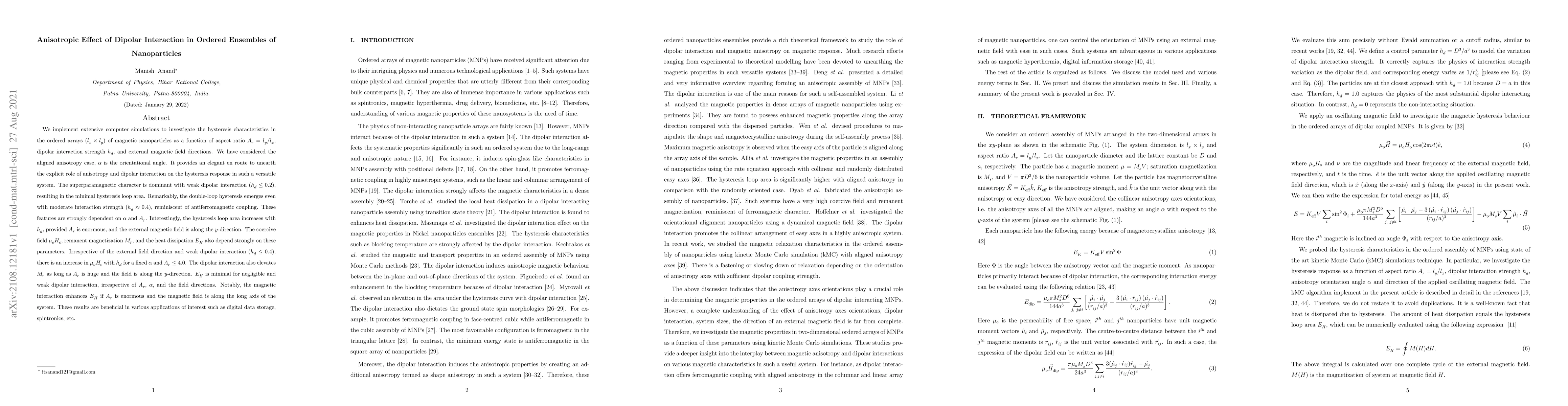 Thumbnail for Anisotropic Effect of Dipolar Interaction in Ordered Ensembles of
  Nanoparticles