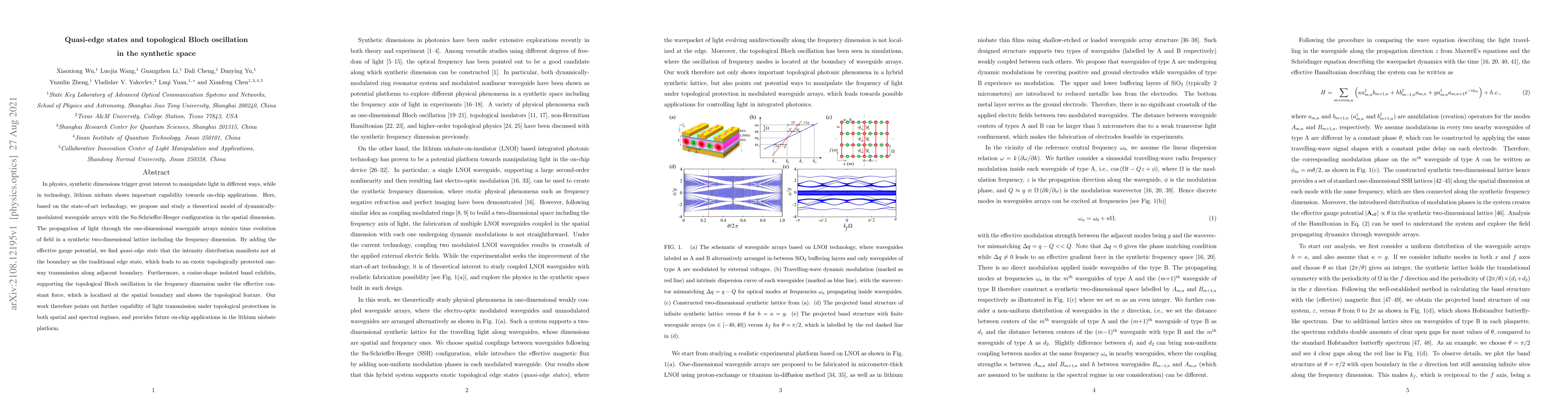 Thumbnail for Quasi-edge states and topological Bloch oscillation in the synthetic
  space