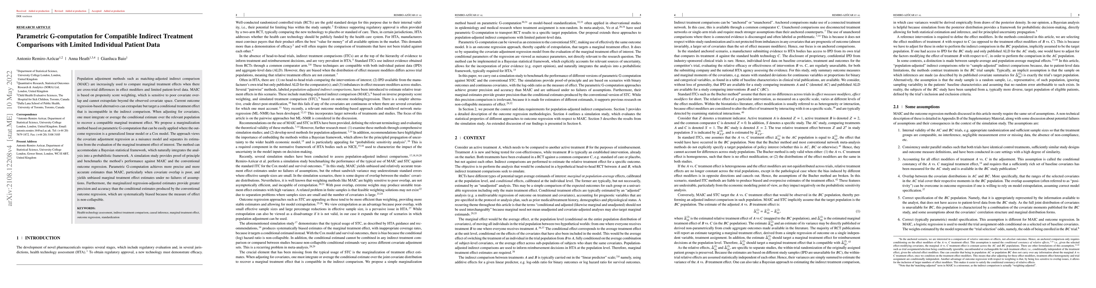 Thumbnail for Parametric G-computation for Compatible Indirect Treatment Comparisons
  with Limited Individual Patient Data