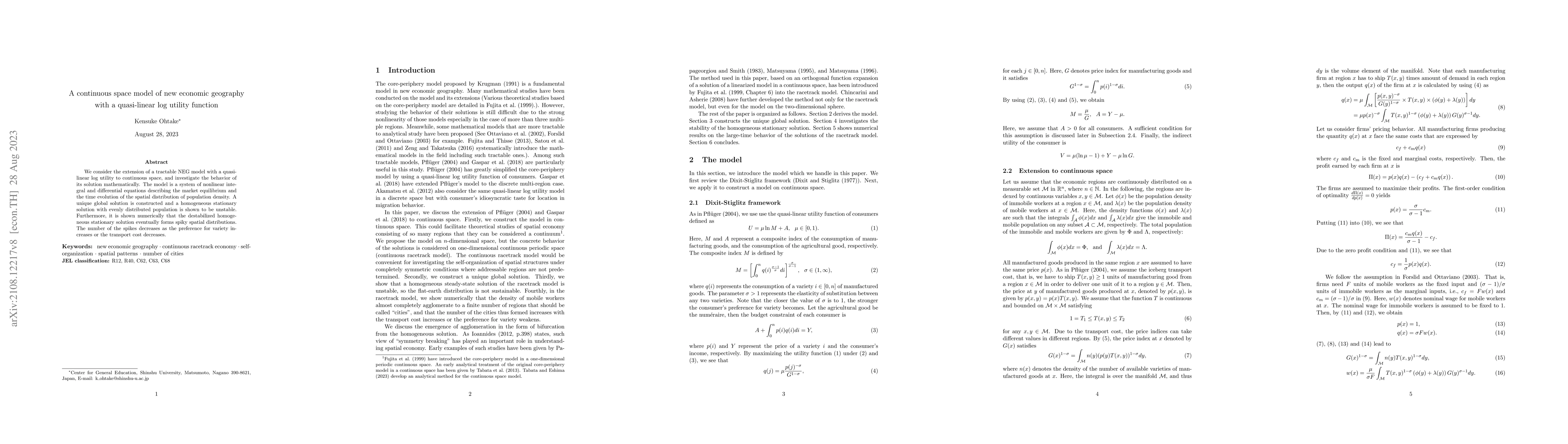 Thumbnail for A continuous space model of new economic geography with a quasi-linear
  log utility function