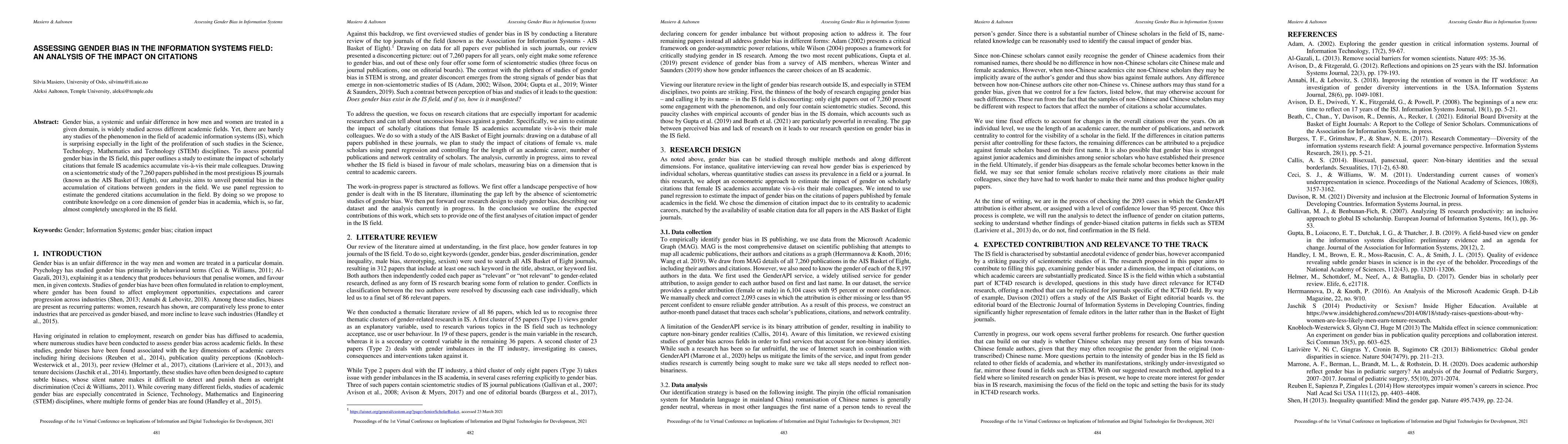 Thumbnail for Assessing Gender Bias in the Information Systems Field: An Analysis of
  the Impact on Citations