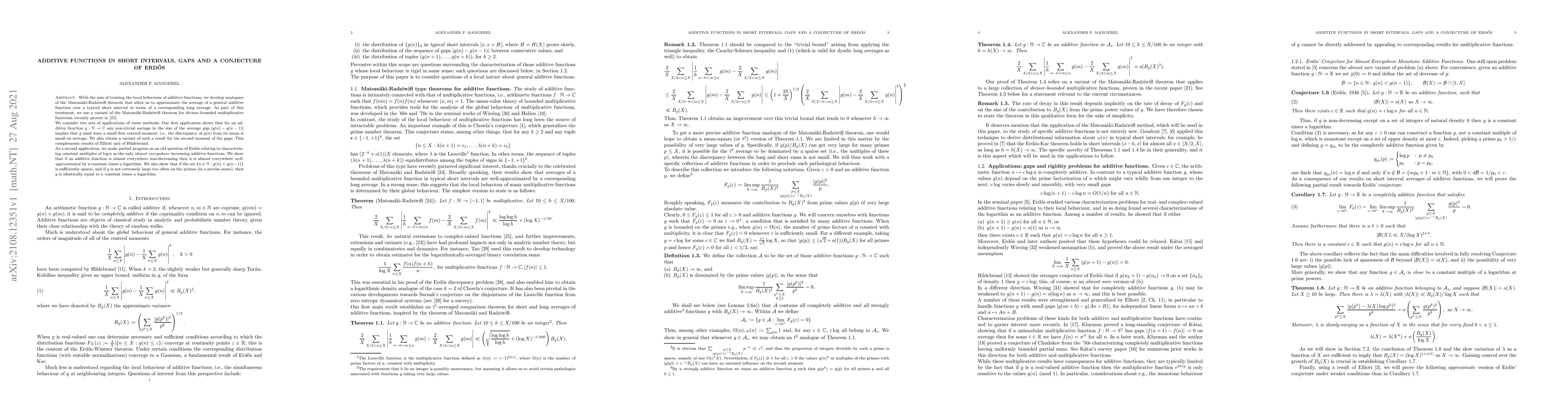 Thumbnail for Additive functions in short intervals, gaps and a conjecture of
  Erd\H{o}s