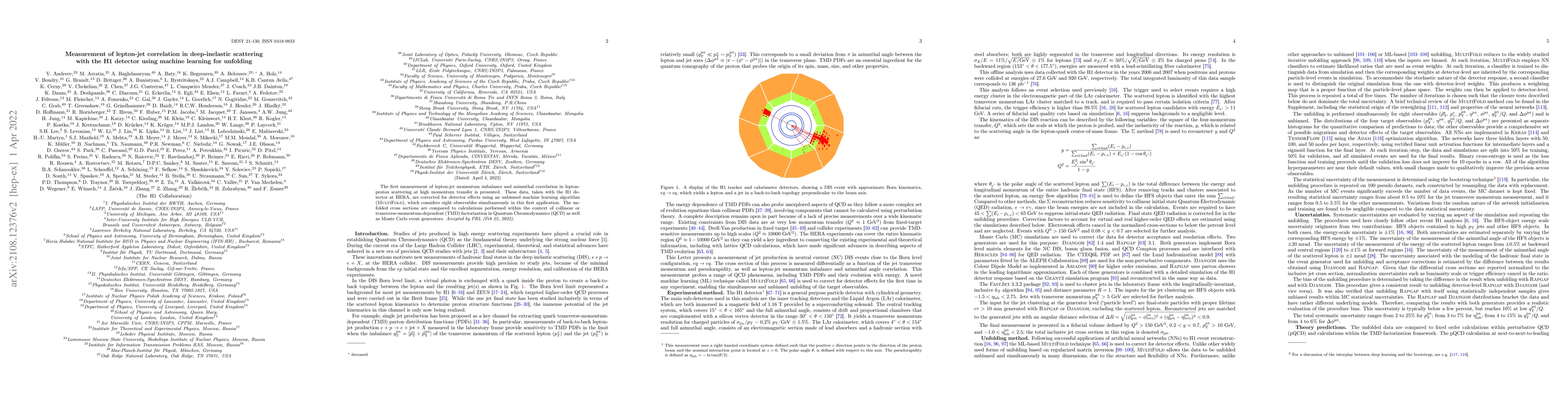 Thumbnail for Measurement of lepton-jet correlation in deep-inelastic scattering with
  the H1 detector using machine learning for unfolding