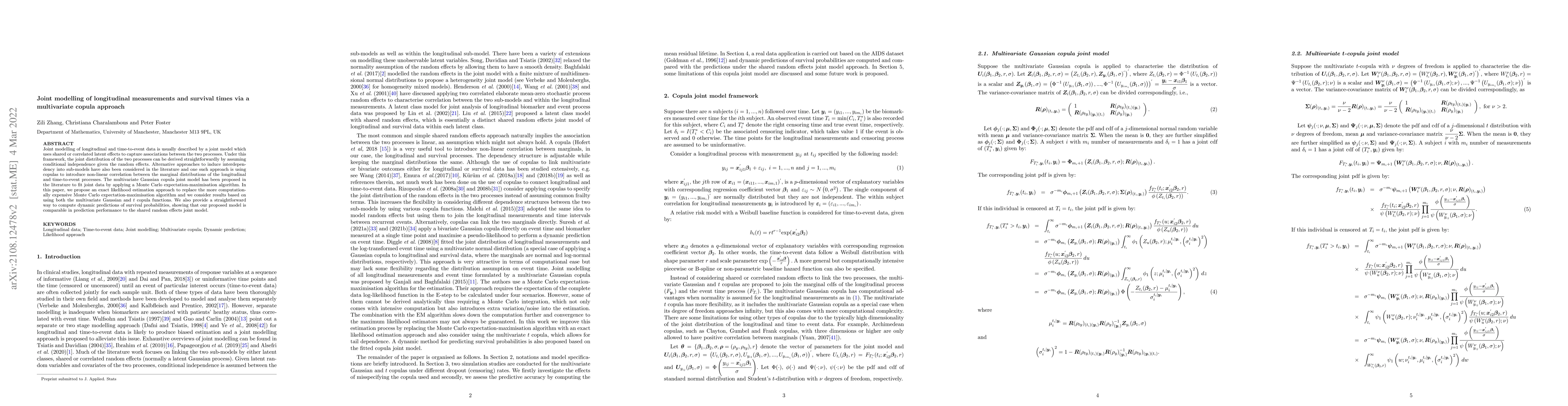 Thumbnail for Joint modelling of longitudinal measurements and survival times via a
  multivariate copula approach