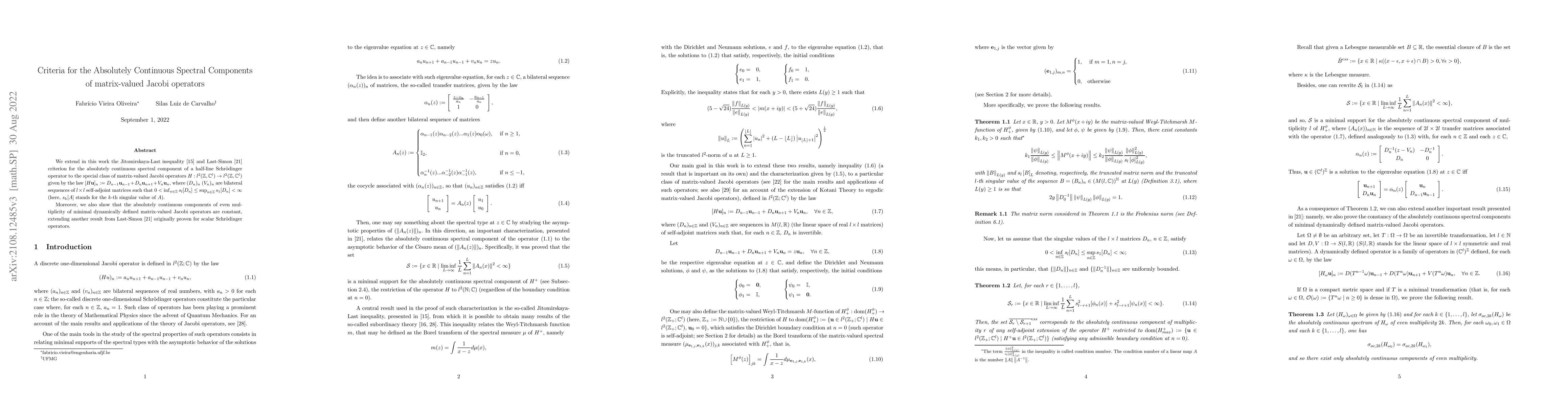 Thumbnail for Criteria for the Absolutely Continuous Spectral Components of
  matrix-valued Jacobi operators