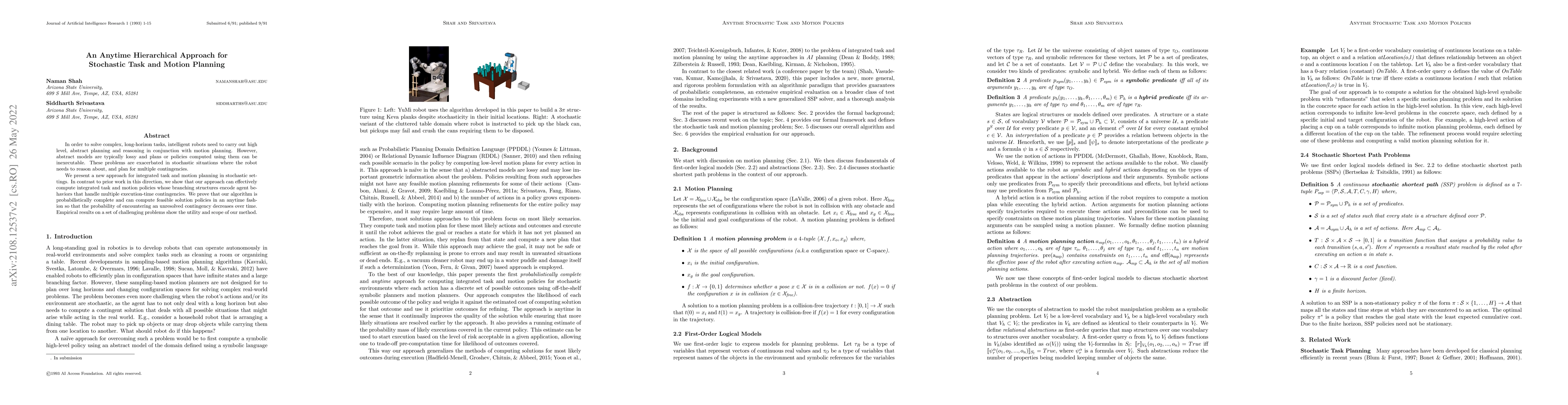 Thumbnail for An Anytime Hierarchical Approach for Stochastic Task and Motion Planning