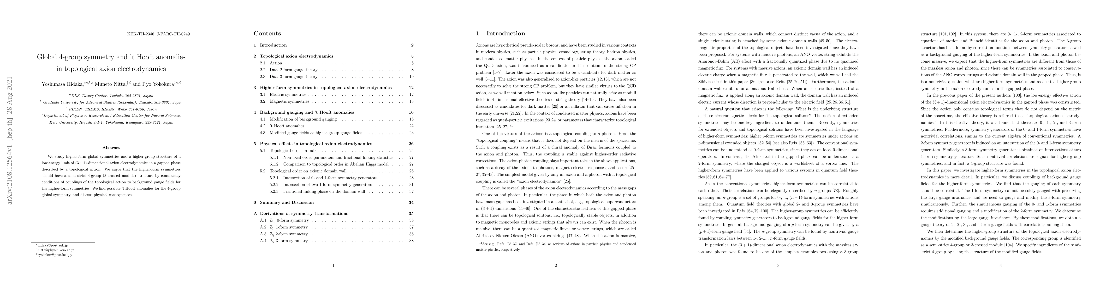 Thumbnail for Global 4-group symmetry and 't Hooft anomalies in topological axion
  electrodynamics