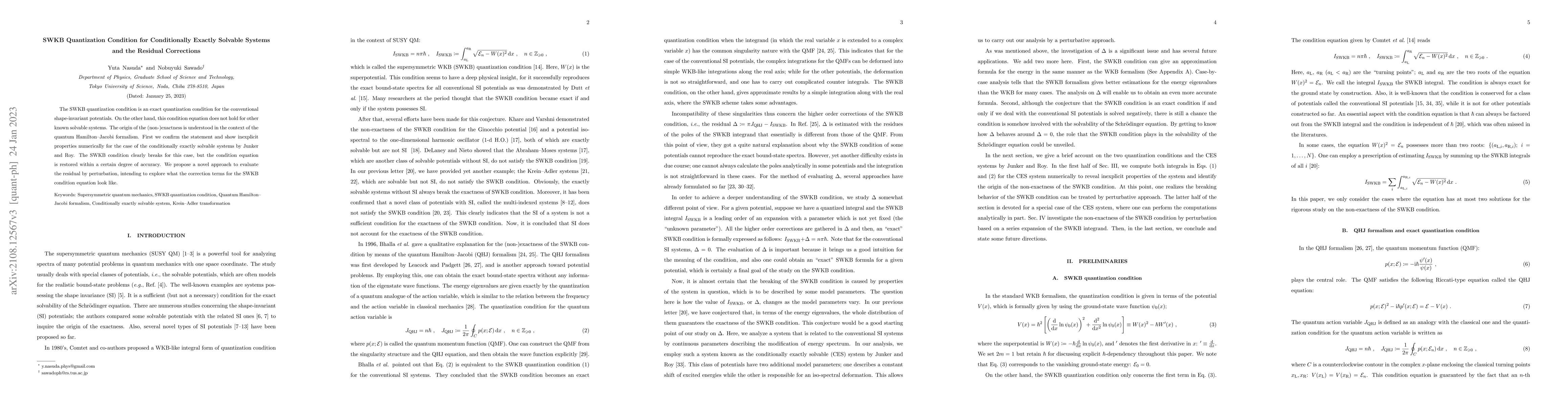 Thumbnail for SWKB Quantization Condition for Conditionally Exactly Solvable Systems
  and the Residual Corrections