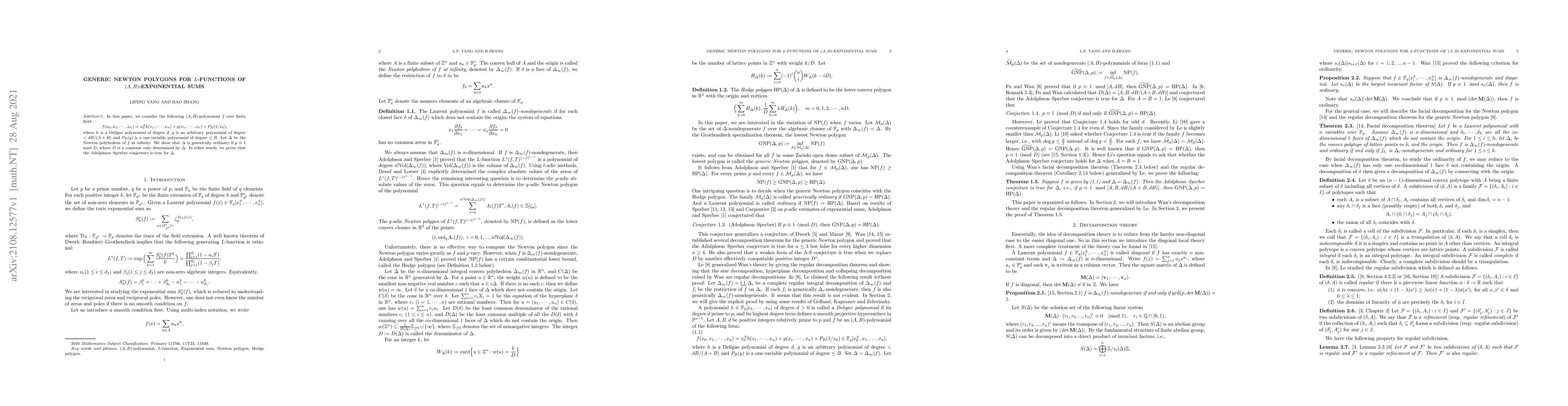Thumbnail for Generic Newton polygons for $L$-functions of $(A,B)$-exponential sums