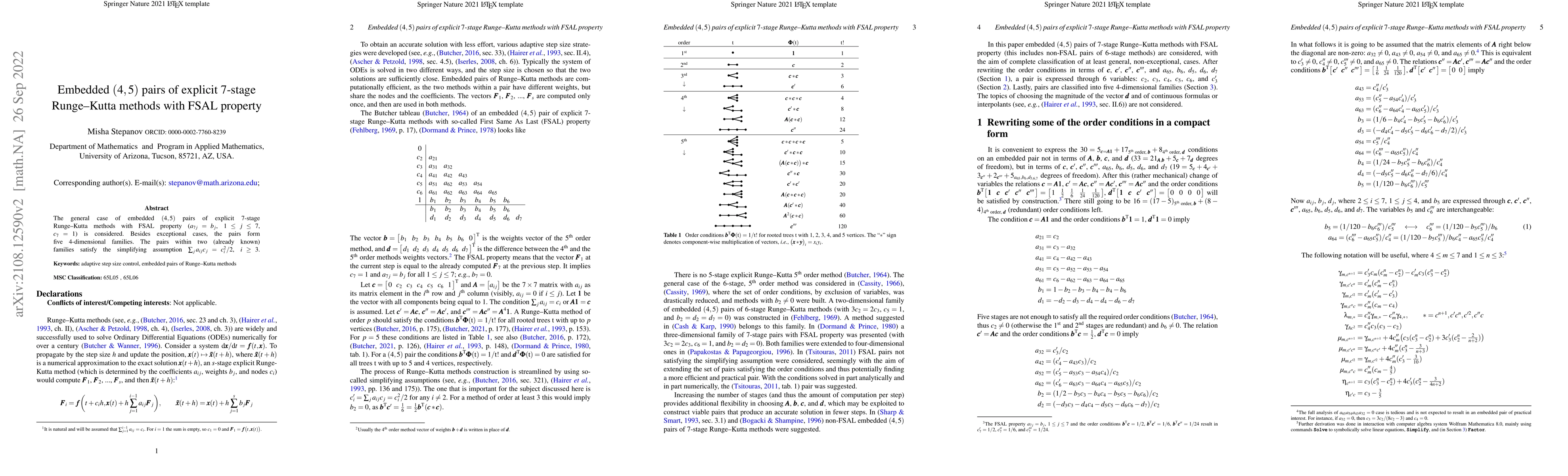 Thumbnail for Embedded (4, 5) pairs of explicit 7-stage Runge-Kutta methods with FSAL
  property