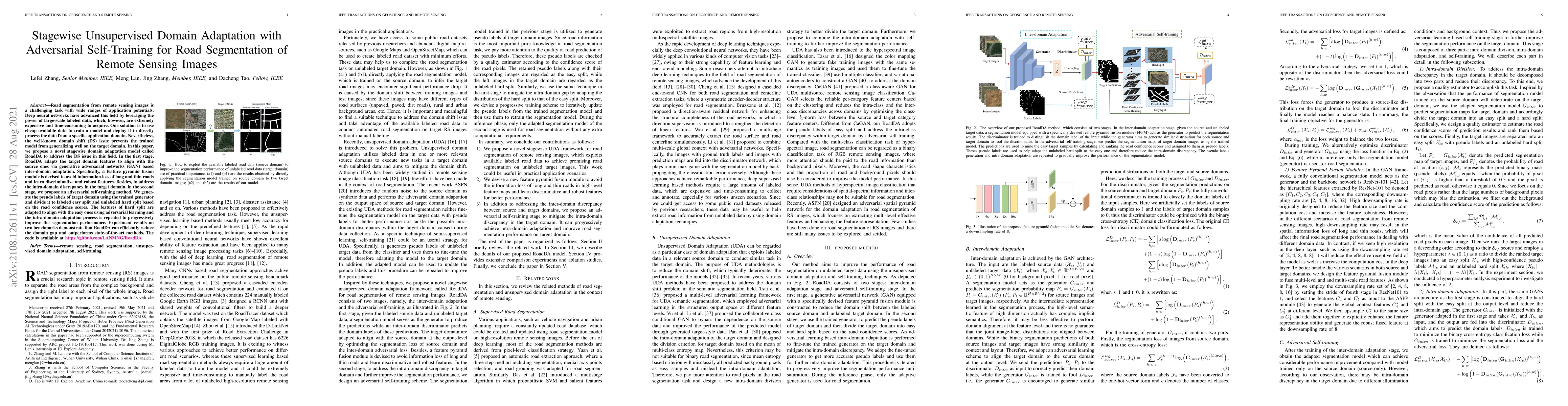Thumbnail for Stagewise Unsupervised Domain Adaptation with Adversarial Self-Training
  for Road Segmentation of Remote Sensing Images