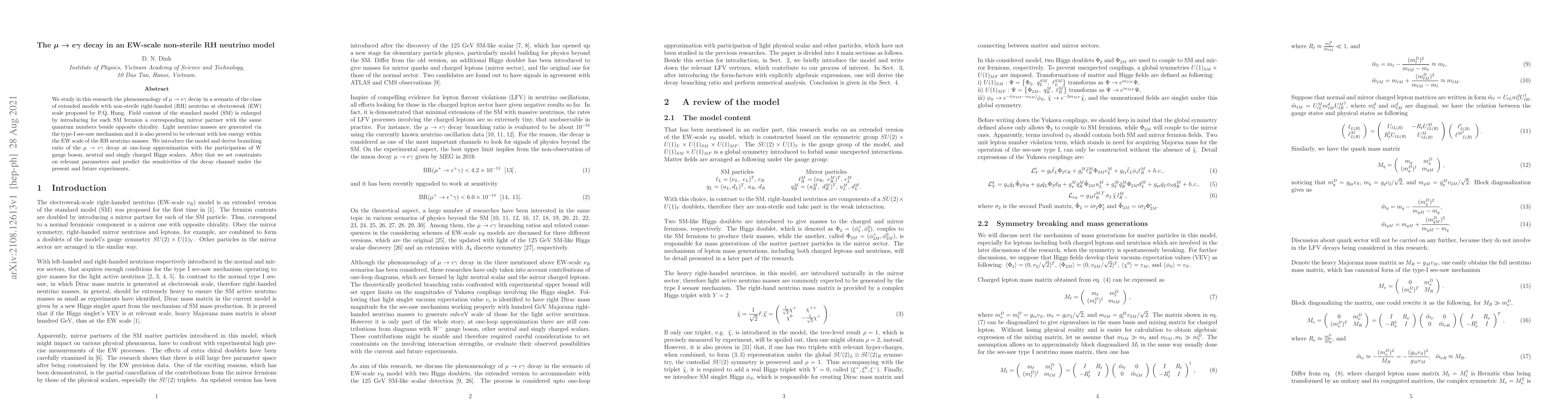 Thumbnail for The $\mu\to e\gamma$ decay in an EW-scale non-sterile RH neutrino model