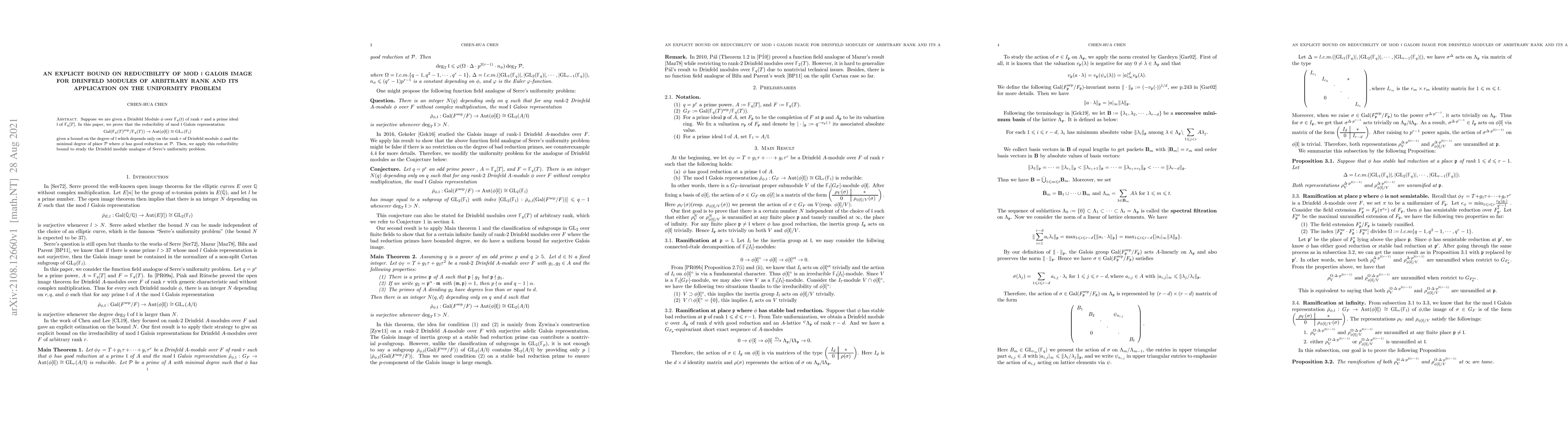 Thumbnail for An explicit bound on reducibility of mod $\mathfrak{l}$ Galois image for
  Drinfeld modules of arbitrary rank and its application on the uniformity
  problem