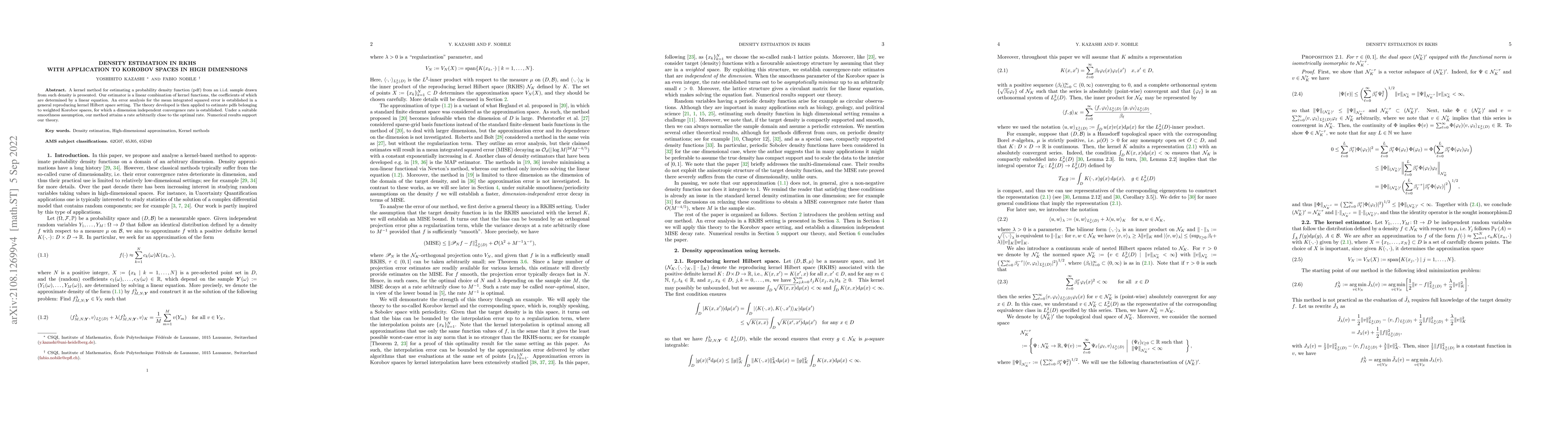 Thumbnail for Density estimation in RKHS with application to Korobov spaces in high
  dimensions
