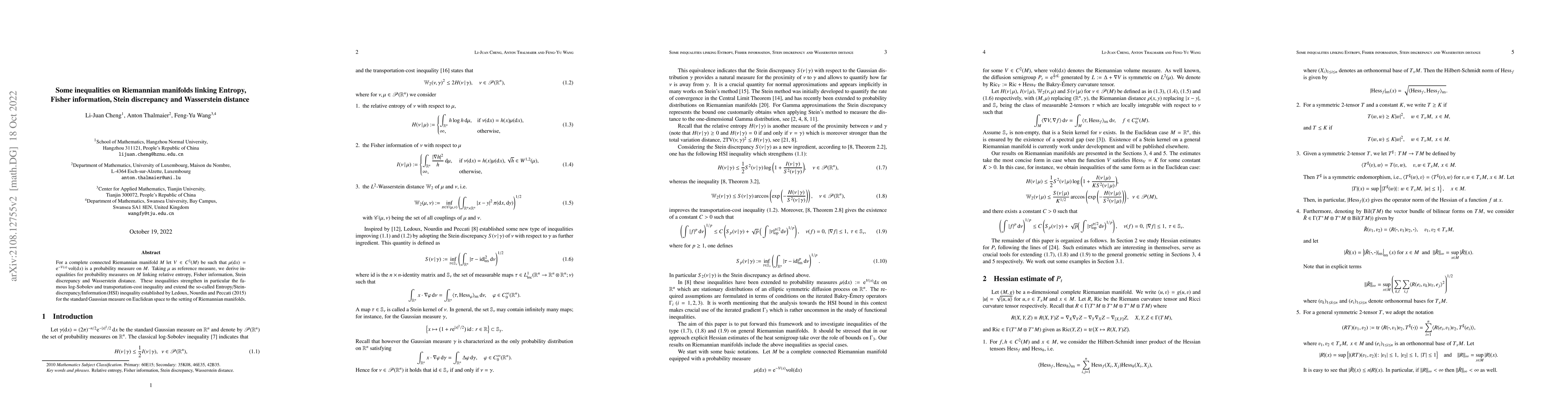Thumbnail for Some inequalities on Riemannian manifolds linking Entropy,Fisher
  information, Stein discrepancy and Wasserstein distance