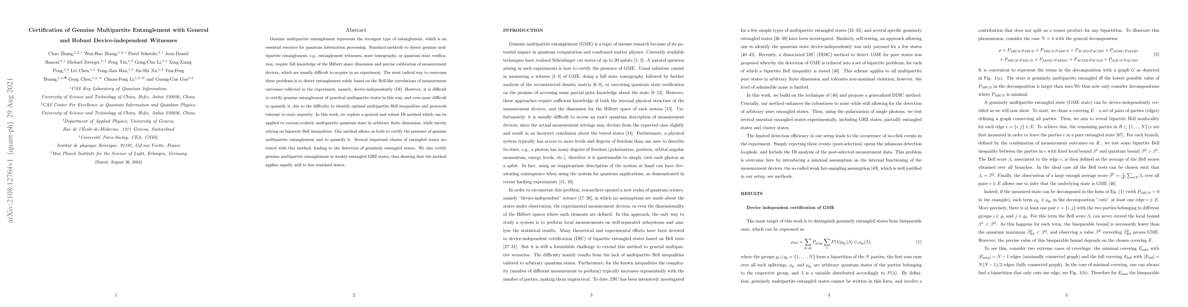 Thumbnail for Certification of Genuine Multipartite Entanglement with General and
  Robust Device-independent Witnesses