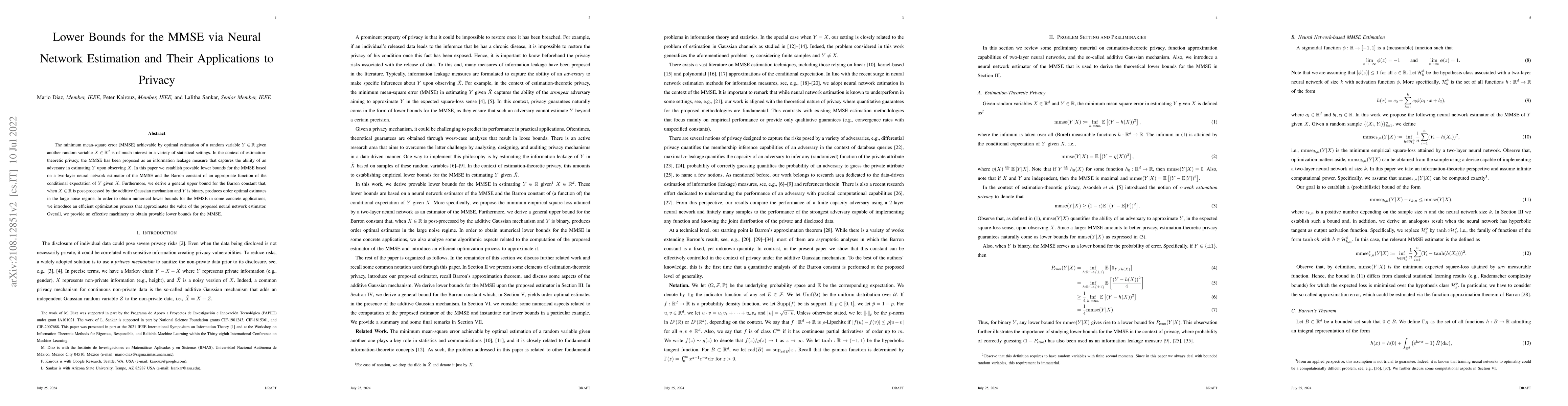 Thumbnail for Lower Bounds for the MMSE via Neural Network Estimation and Their
  Applications to Privacy