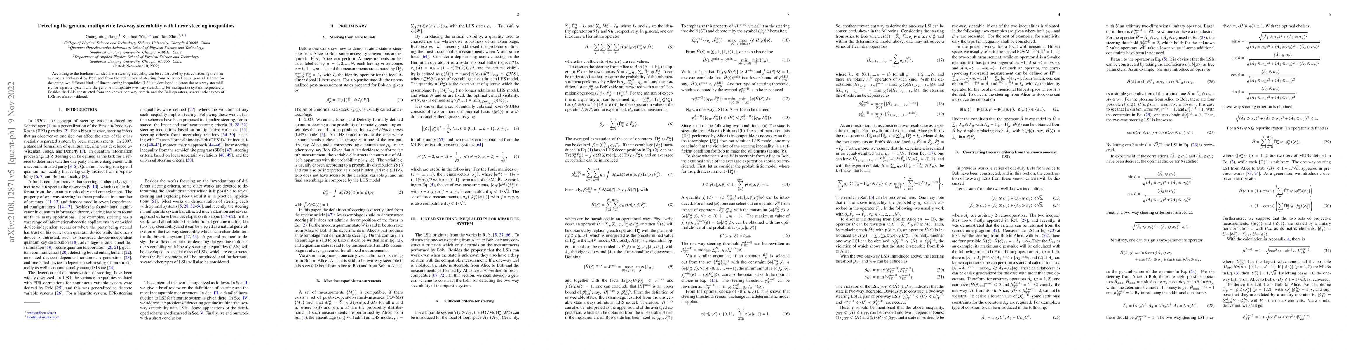 Thumbnail for Detecting the genuine multipartite two-way steerability with linear
  steering inequalities