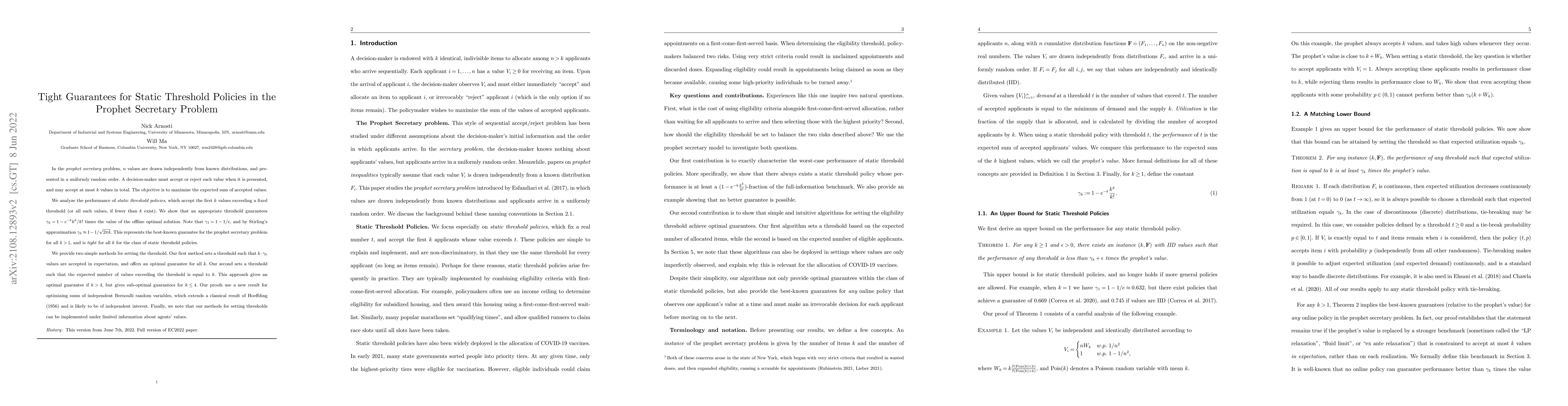 Thumbnail for Tight Guarantees for Static Threshold Policies in the Prophet Secretary
  Problem