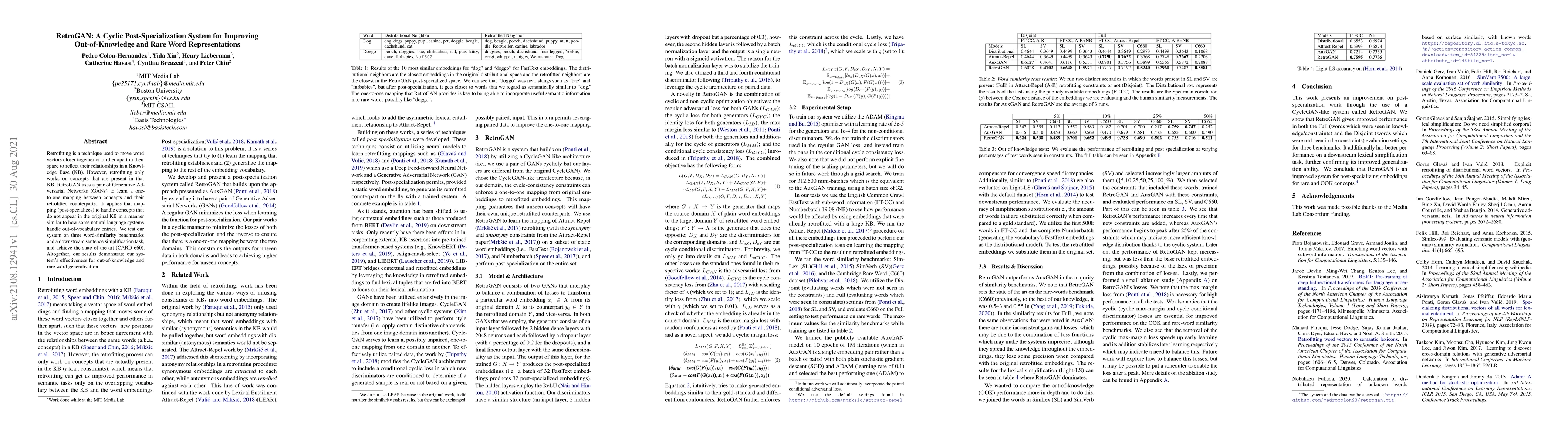 Thumbnail for RetroGAN: A Cyclic Post-Specialization System for Improving
  Out-of-Knowledge and Rare Word Representations