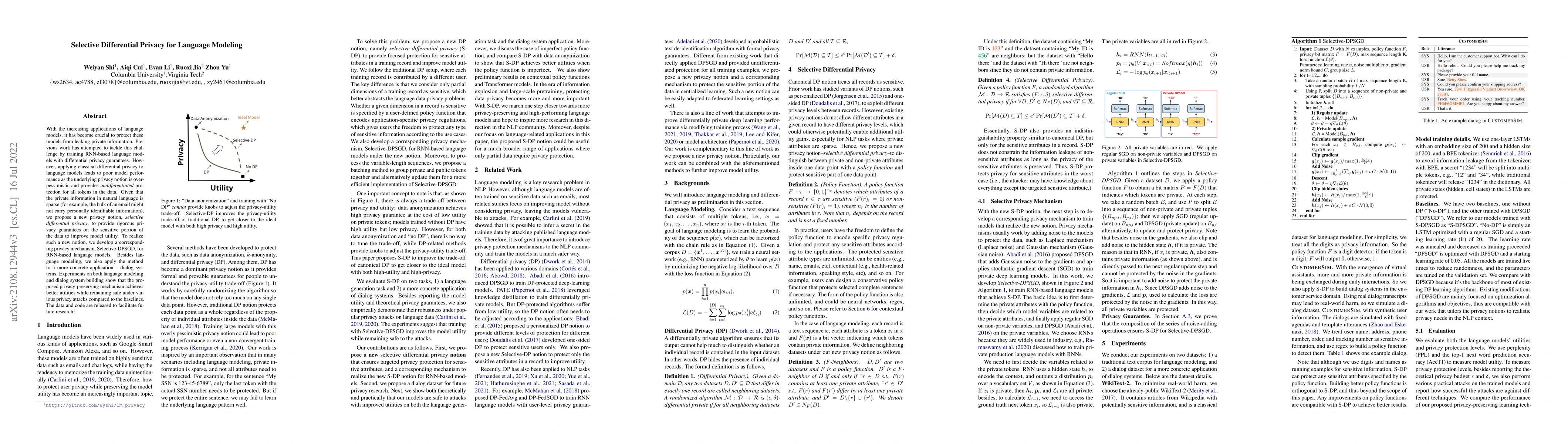 Thumbnail for Selective Differential Privacy for Language Modeling