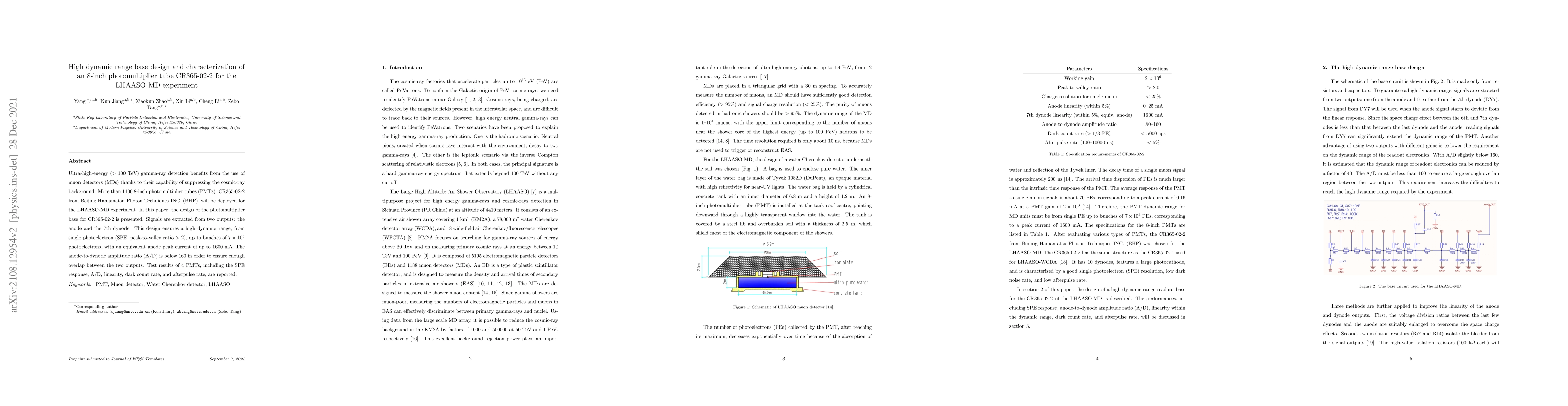 Thumbnail for High dynamic range base design and characterization of an 8-inch
  photomultiplier tube CR365-02-2 for the LHAASO-MD experiment