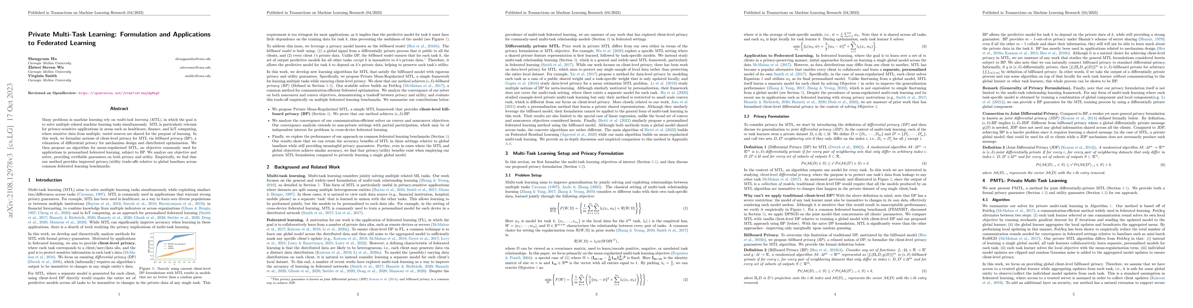 Thumbnail for Private Multi-Task Learning: Formulation and Applications to Federated
  Learning