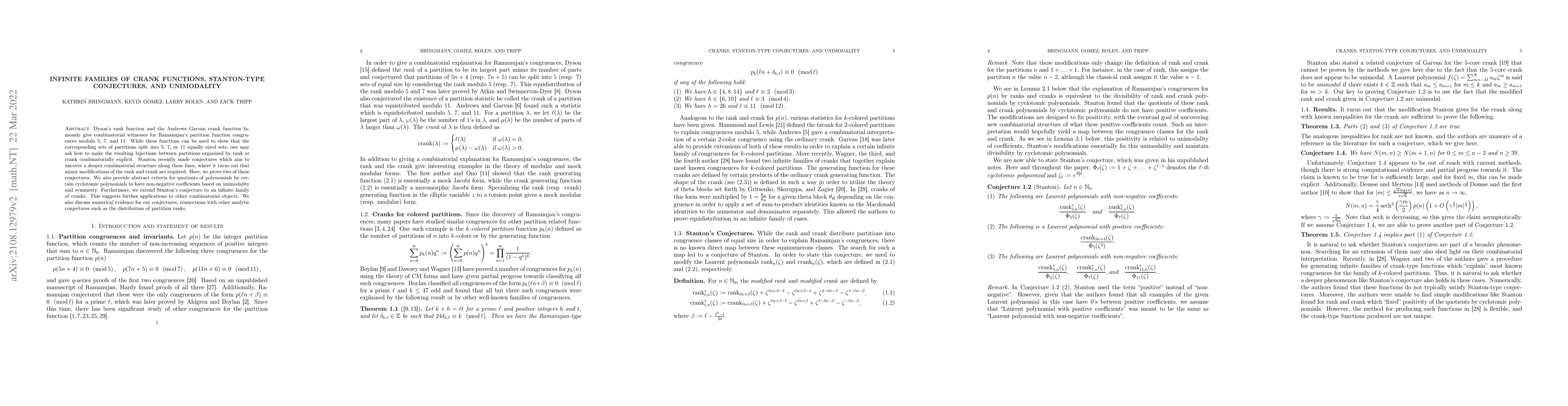 Thumbnail for Infinite families of crank functions, Stanton-type conjectures, and
  unimodality