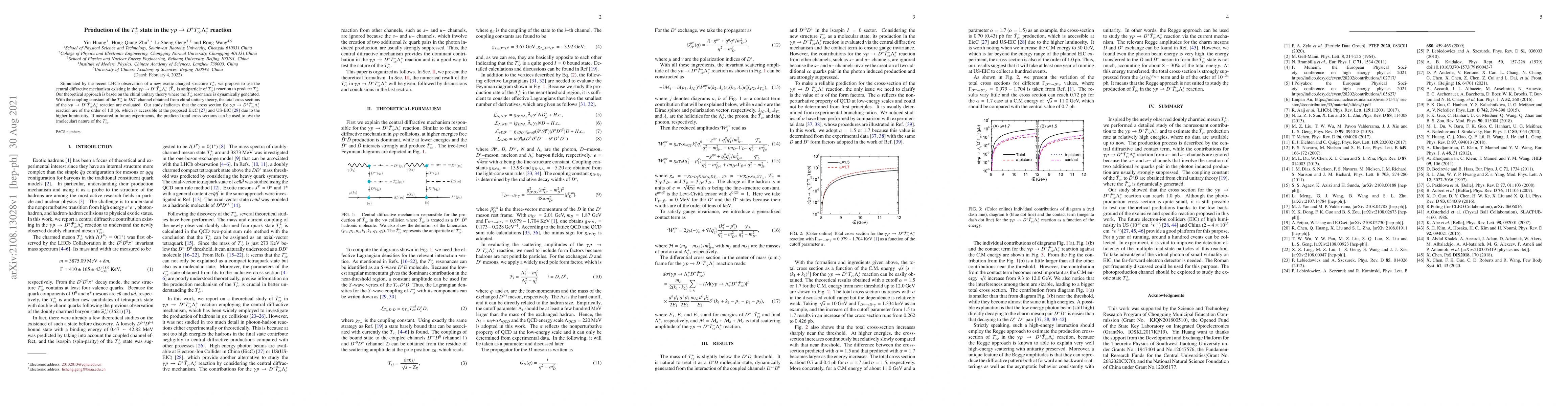 Thumbnail for Production of the $T^{+}_{cc}$ state in the
  $\gamma{}p\to{}D^{+}\bar{T}^{-}_{cc}\Lambda_c^{+}$ reaction