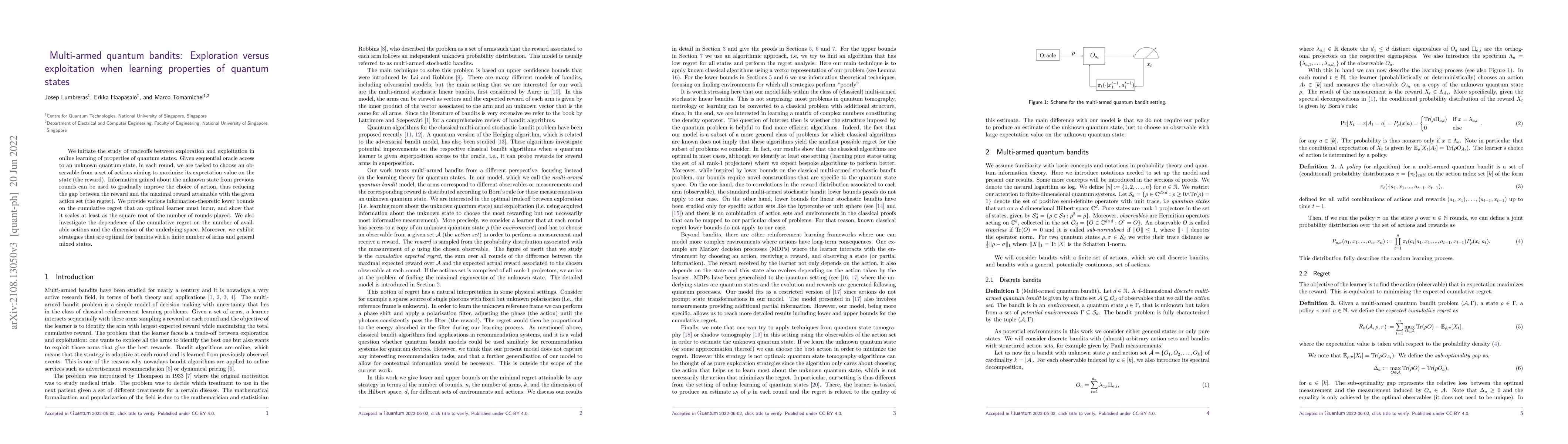 Thumbnail for Multi-armed quantum bandits: Exploration versus exploitation when
  learning properties of quantum states