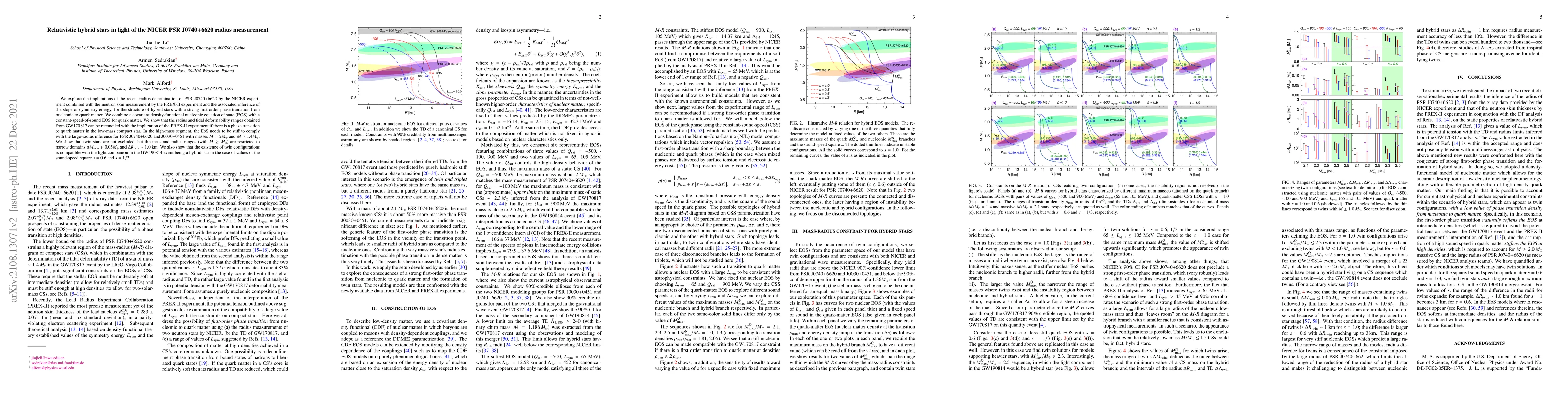 Thumbnail for Relativistic hybrid stars in light of the NICER PSR J0740+6620 radius
  measurement