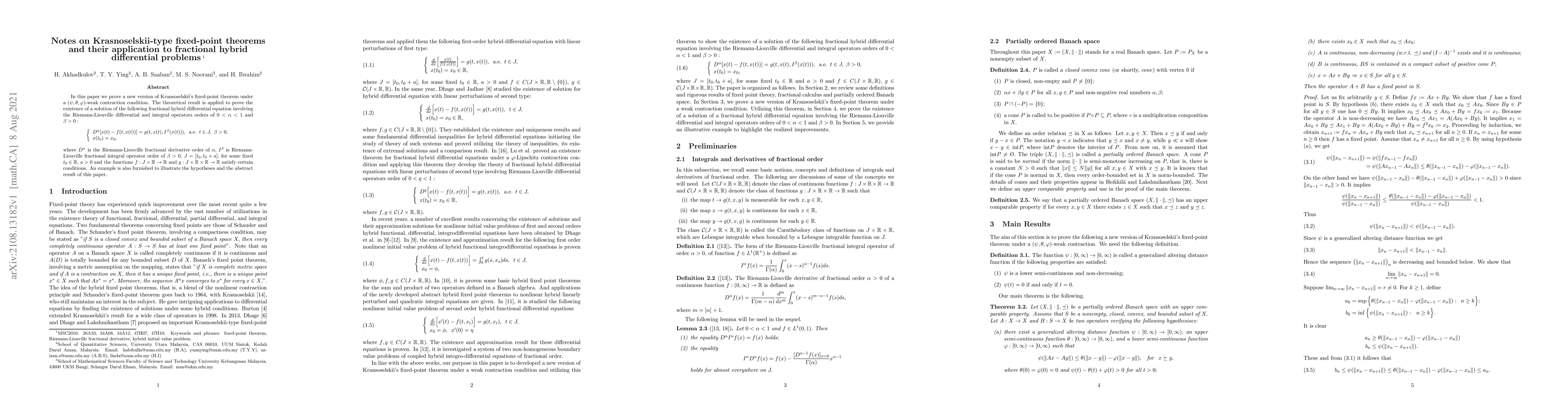 Thumbnail for Notes on Krasnoselskii-type fixed-point theorems and their application
  to fractional hybrid differential problems