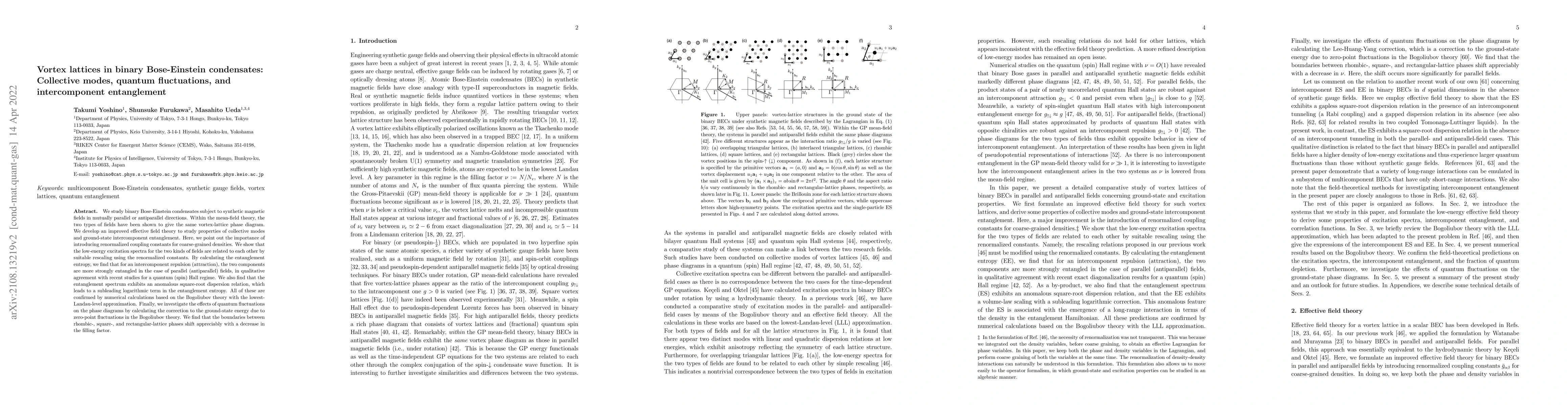 Thumbnail for Vortex lattices in binary Bose-Einstein condensates: Collective modes,
  quantum fluctuations, and intercomponent entanglement