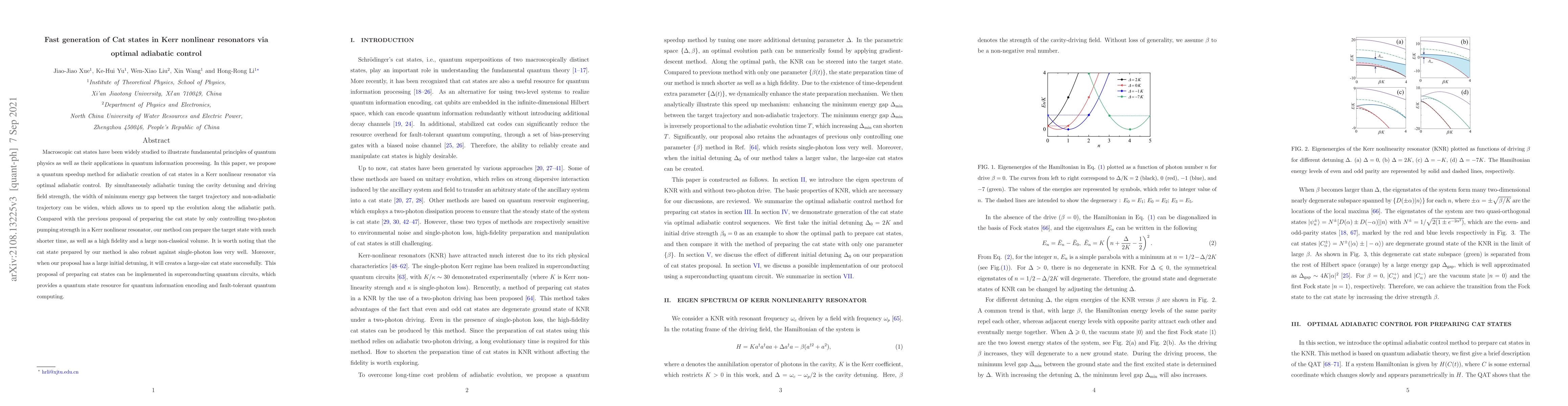Thumbnail for Fast generation of Cat states in Kerr nonlinear resonators via optimal
  adiabatic control