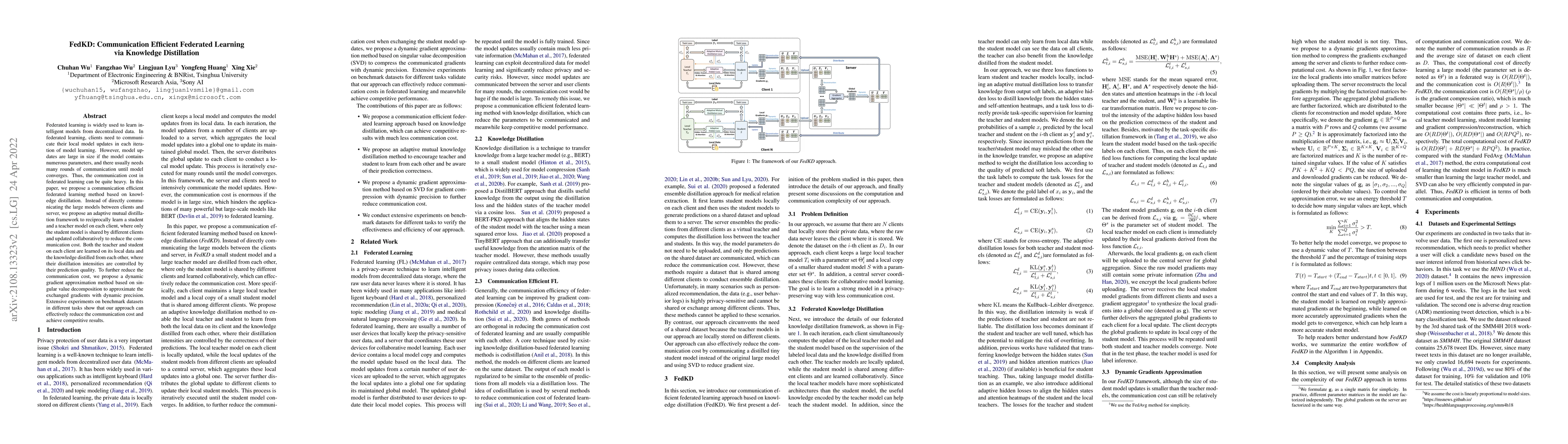 Thumbnail for FedKD: Communication Efficient Federated Learning via Knowledge
  Distillation