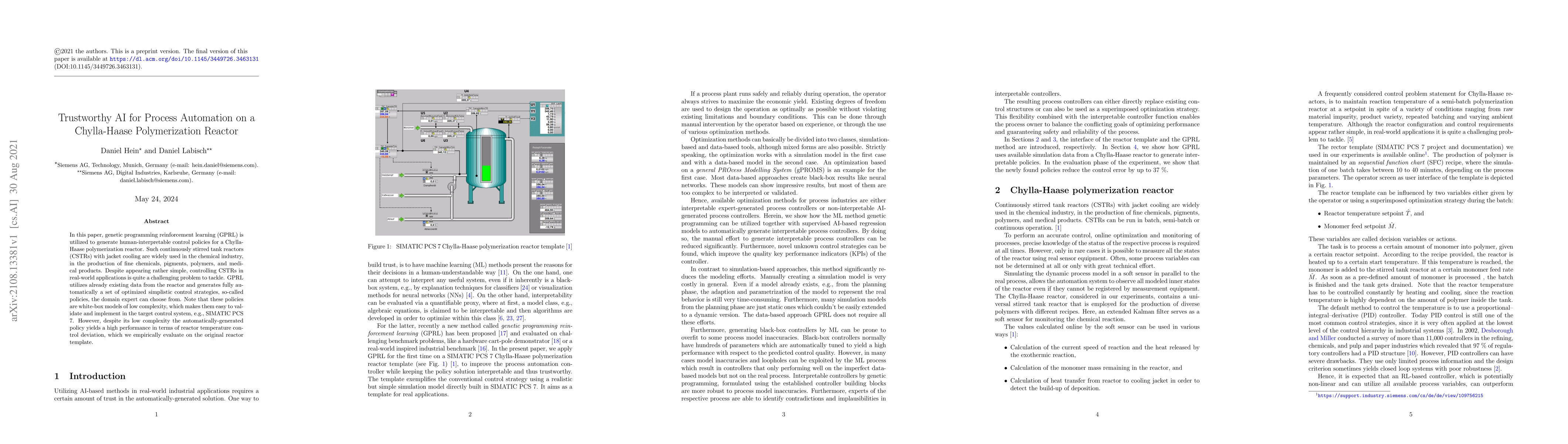Thumbnail for Trustworthy AI for Process Automation on a Chylla-Haase Polymerization
  Reactor